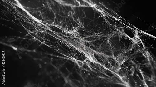 Intricate spiderweb network against a dark backdrop.
