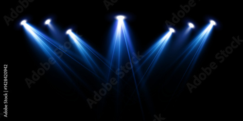 Spotlights of bright blue light with isolated place for stage and presentations. Vector glowing spotlight light effect with transparent beams. 