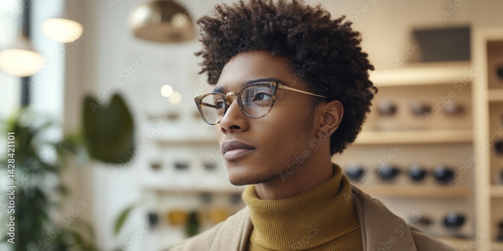 A young man with stylish glasses gazes thoughtfully in a modern setting. His curly hair enhances his fashionable look. This image captures confidence and contemporary style. AI