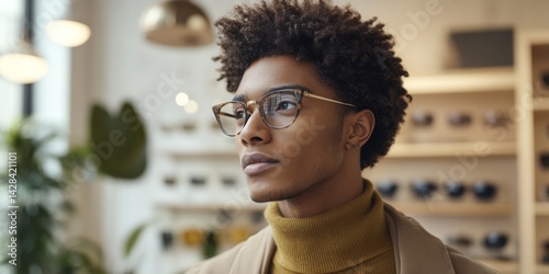 Obraz na płótnie A young man with stylish glasses gazes thoughtfully in a modern setting. His curly hair enhances his fashionable look. This image captures confidence and contemporary style. AI w salonie