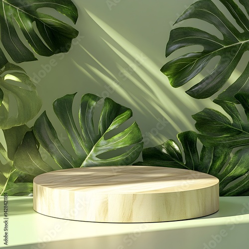 
Photo of a modern, minimalist round podium made of light wood on a background of large leaves