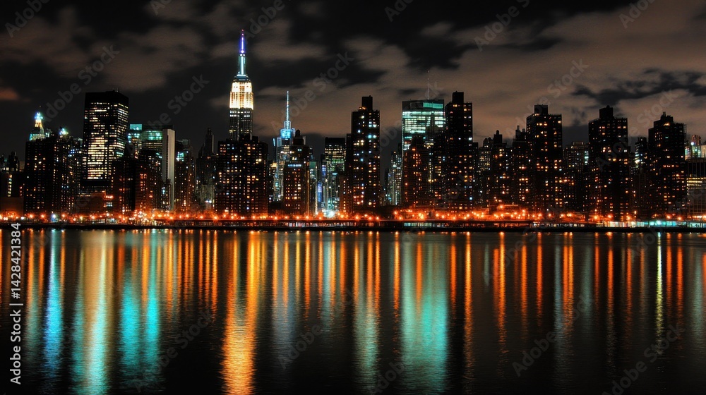 Obraz premium New York City skyline at night, reflected in the water.