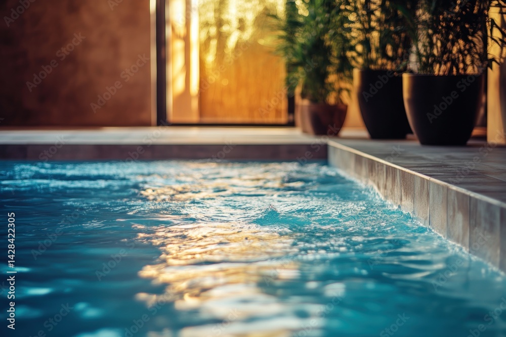 Relaxing indoor swimming pool within a serene lounge area in a modern home Relaxing indoor swimming pool within a serene lounge area in a modern home
