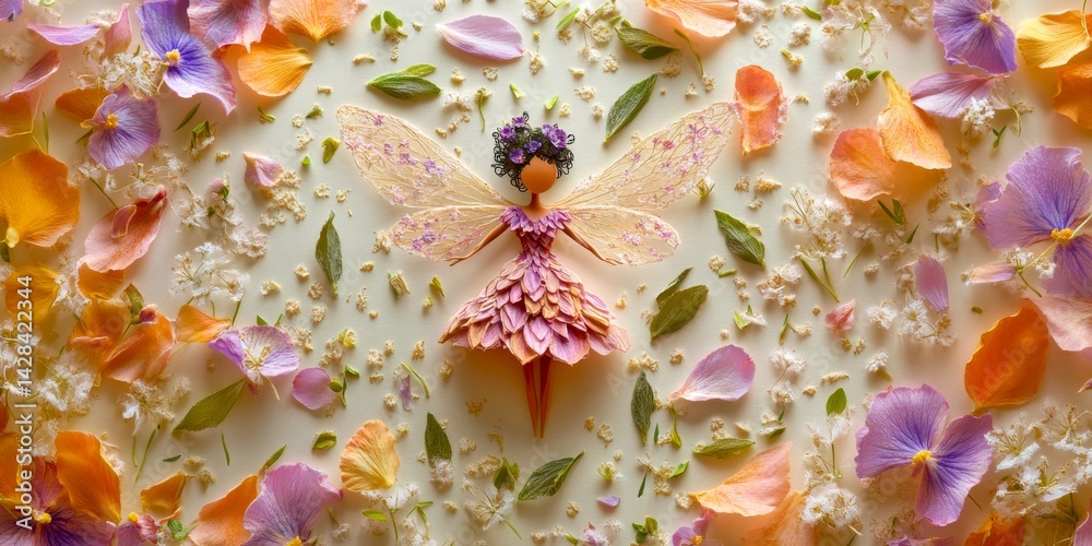 A delicate fairy surrounded by colorful flower petals. This image captures a whimsical, enchanting scene perfect for fantasy art and creative projects. Ideal for greeting cards and invitations. AI