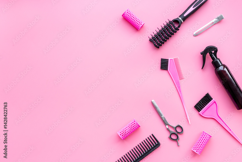 Hairdresser accessories and tools - combs and scissors, top view Hairdresser accessories and tools - combs and scissors, top view