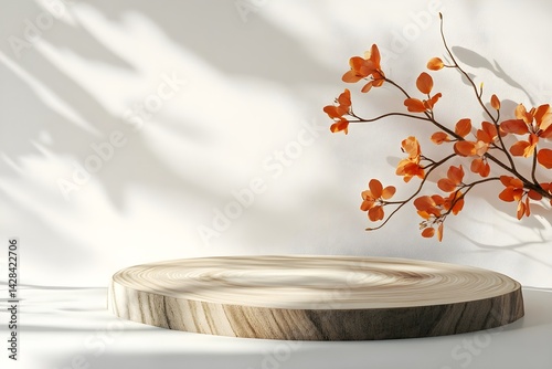 Wooden podium with tree stump and flowers on a white background for product presentation