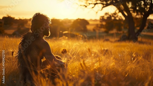 Early Human Homo Heidelbergensis Amidst Prehistoric Wildlife in a Grassy Savannah Under the Warm Glow of Sunlight