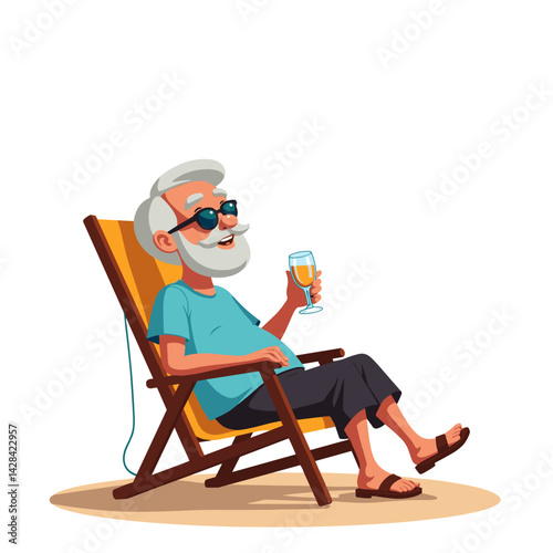 Elderly man enjoying a drink while relaxing on a beach chair