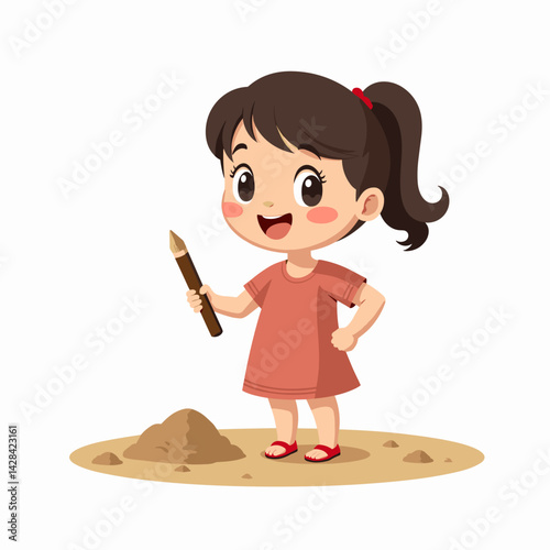 Girl smiling while drawing in sand