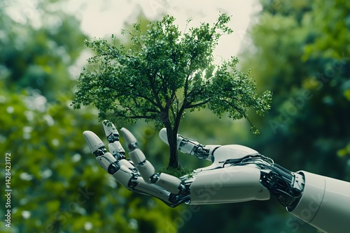 A robot hand holding a tree against a green nature background