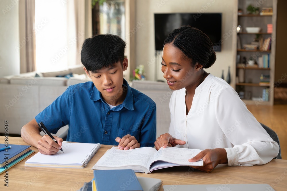 Asian male student studying with tutor at home. Education, knowledge and tutoring concept Asian male student studying with tutor at home. Education, knowledge and tutoring concept