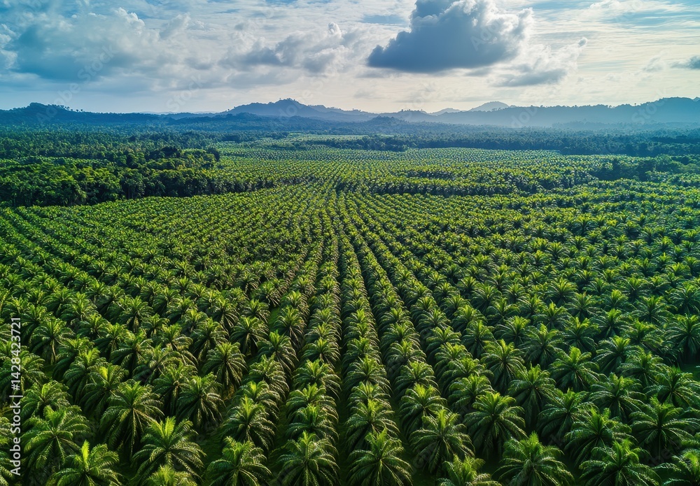 Aerial View of Lush Green Palm Tree Plantation Under Dramatic Cloudy Sky in Scenic Landscape of Rolling Hills and Fertile Land Aerial View of Lush Green Palm Tree Plantation Under Dramatic Cloudy Sky in Scenic Landscape of Rolling Hills and Fertile Land