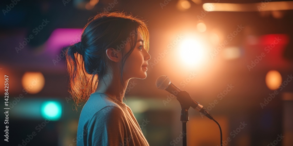 A young woman stands poised by a microphone, ready to perform. The colorful lights create a vibrant atmosphere. This image captures the excitement of a live music event. AI