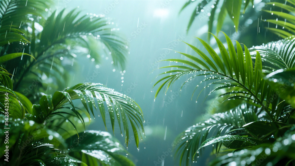 Fototapeta premium tropical foliage glowing from rainfall