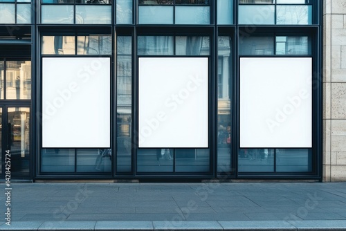 Blank Store Front Mockup: Three Large White Posters in Modern Building Showcase