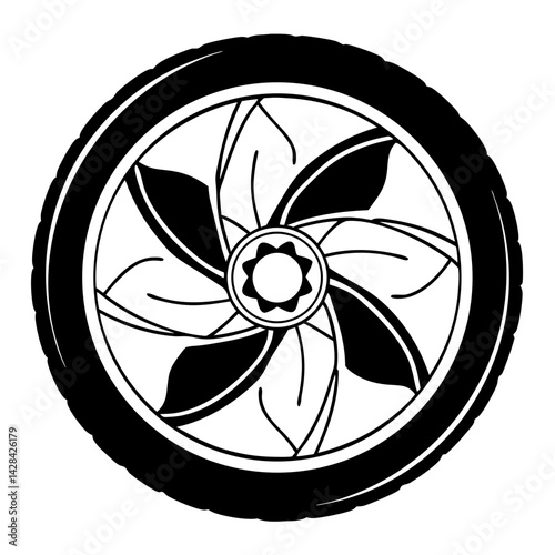 Camera shutter into petal slices logo icon. Green lens nature vector. black and white wheel with flower illustration