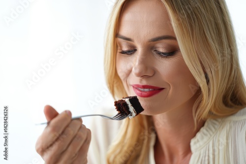 Attractive blonde woman indulging in sweets and food cravings Blonde woman enjoying a sweet treat with closed eyes and a delighted expression, exuding sensuality and femininity in a close up portrait  photo