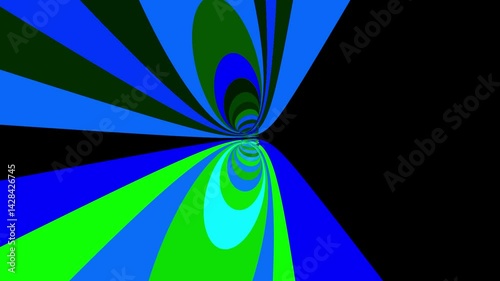 A symmetrical digital artwork featuring overlapping blue, green, and cyan ellipses, creating a vibrant, dynamic, and hypnotic illusion of depth and motion.