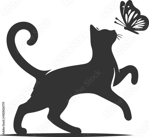 Playful cat with butterfly silhouette vector