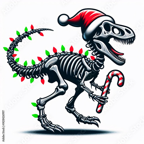 Funny dinosaur skeleton with festive decorations, Santa cap, and jingle bells in a dynamic clipart pose on white backdrop