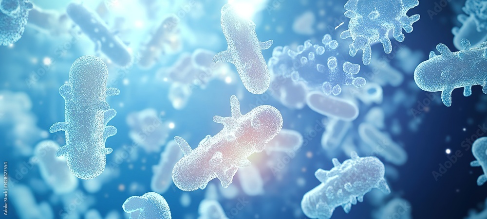 Obraz premium Bacteria-like flora floating in a blue environment with a shimmering effect.