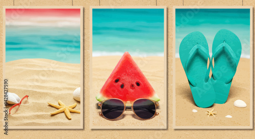 Summer beach vacation concept with sunglasses, watermelon, flip flops and starfish on sand, tropical travel and holiday background