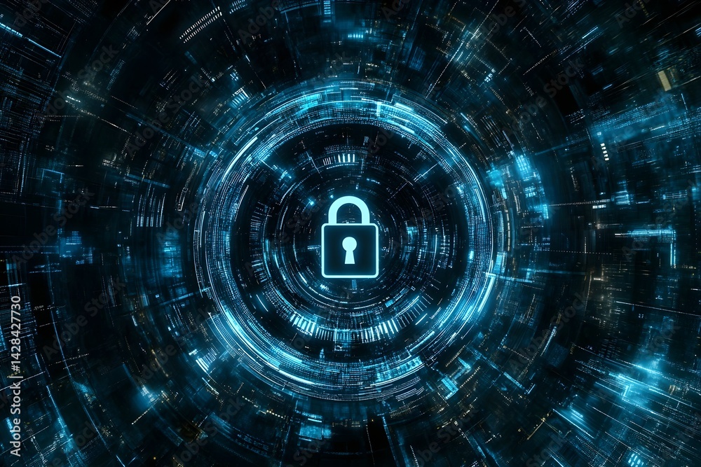Fototapeta premium A shield with an lock symbol surrounded by blue digital lines and code patterns