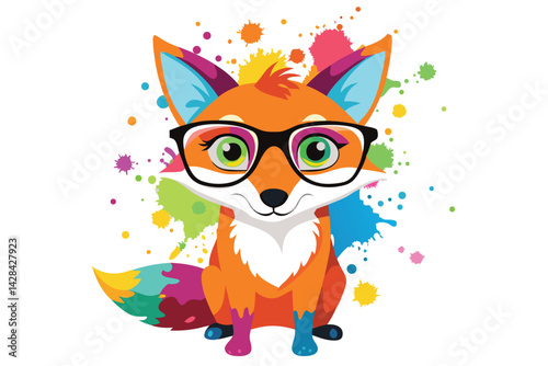 Colorful artistic fox  in colorful paint splatters on white background