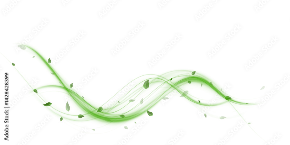 Abstract wind swirls with green leaves and glitter isolated on white background.