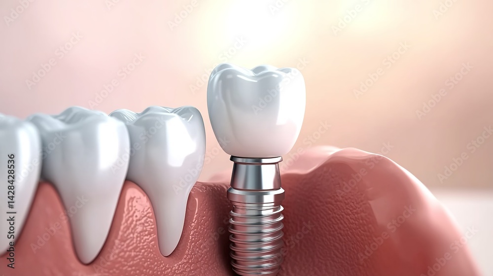 A 3D dental model in a soft light blurred background, showing the contrast between an implant and a coated tooth.