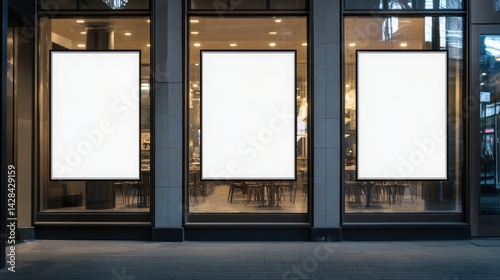 Three Blank Posters in a City Restaurant Window at Night