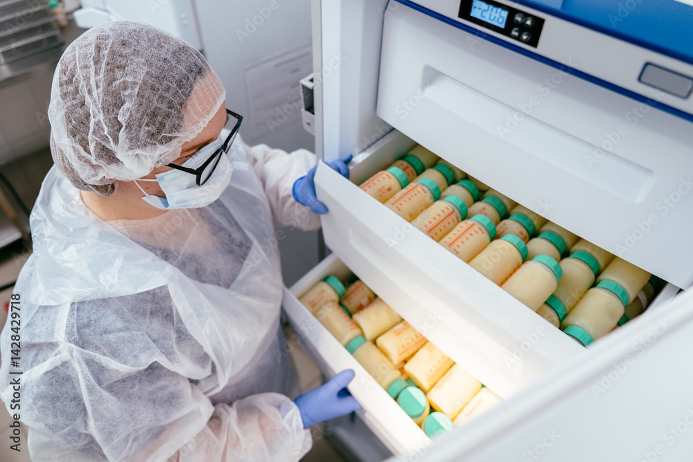 Fototapeta premium Top view of milk bank technician managing frozen milk storage