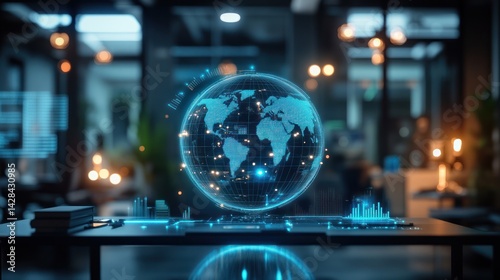 Holographic world map displayed on a modern office desk.