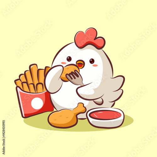 cute cartoon character chicken logo is eating vector for elements and sticker