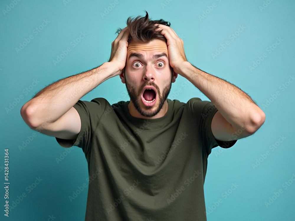 Man in utter disbelief with hands gripping his head on cyan backdrop Man in utter disbelief with hands gripping his head on cyan backdrop