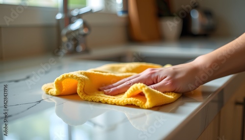 A close up photo of a sparkling clean kitchen counter being wiped with a reusable bamboo cloth, displaying the use of eco friendly natural cleaning products for a spring cleaning concept.