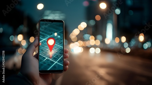 GPS navigation app with location pin on smartphone screen at night in city street
