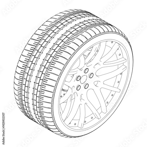 A tire is shown in a black and white drawing. The tire is a close up of a tire with a white rim. The tire is shown in a very detailed manner, with the spokes of the wheel clearly visible. Isometric vi