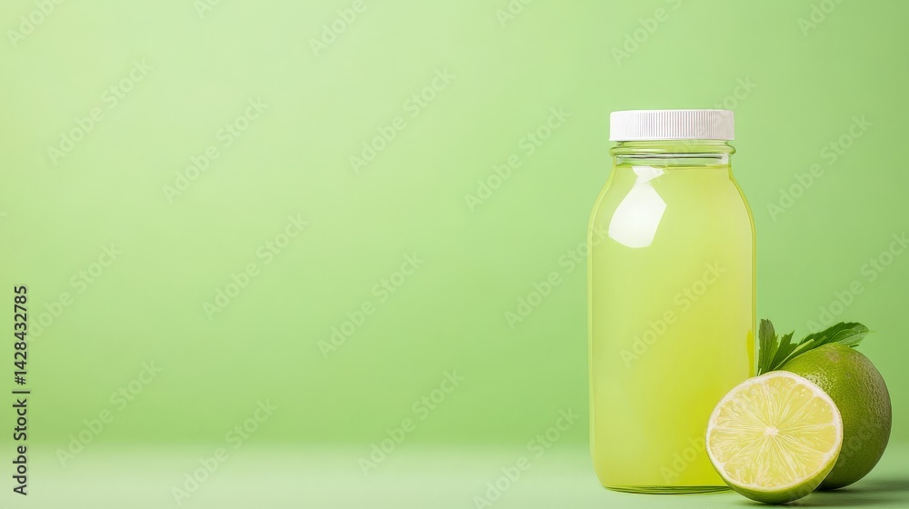Rejuvenation Through Detox and Nutrient-Rich Wellness Choices, Refreshing lime drink in a glass jar with mint and sliced lime on a green background.