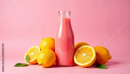 Pink juice bottle surrounded by fresh citrus fruits on pink background, vitamin C, natural, drink