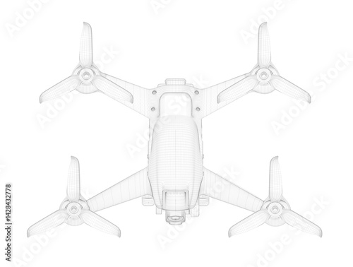 A drawing of a quadcopter with a camera on top. The quadcopter is black and white