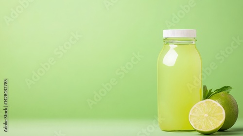 Obraz na płótnie Rejuvenation Through Detox and Nutrient-Rich Wellness Choices, Refreshing lime drink in a glass jar with mint and sliced lime on a green background. w salonie