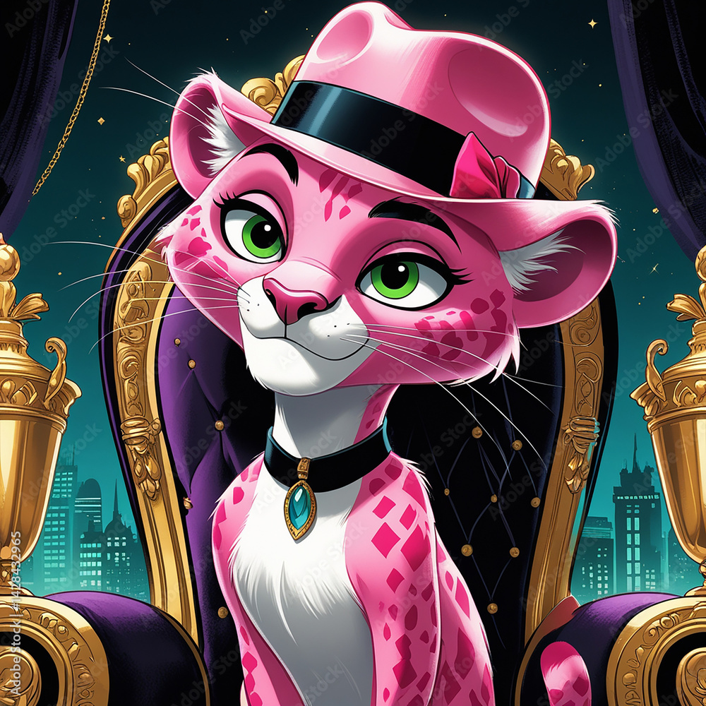 Mafia Pink Leopard mit Hut auf einem Sessel
