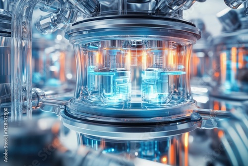 Futuristic glass reactor with glowing internal components, advanced technology and science.