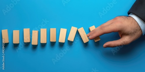 Hand about to knock down wooden blocks.