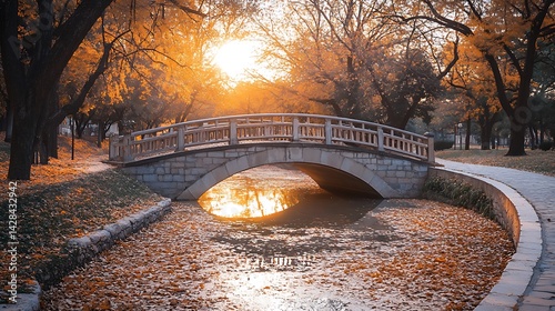Stone Bridge Autumn Sunset Park Pathway Leaves