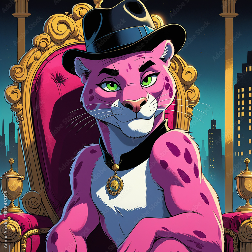Mafia Pink Leopard mit Hut auf einem Sessel