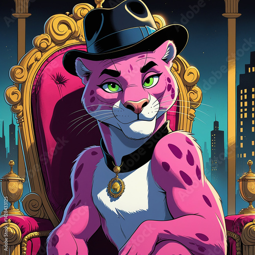 Obraz na płótnie Mafia Pink Leopard mit Hut auf einem Sessel w salonie