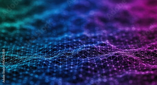 Abstract network with connected dots in blue purple and green gradient colors.