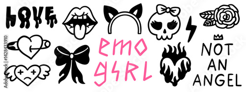 Cute hand-drawn emo girl stickers, tattoo art elements and phrases. Creepy love doodle concept set. Vector illustration.